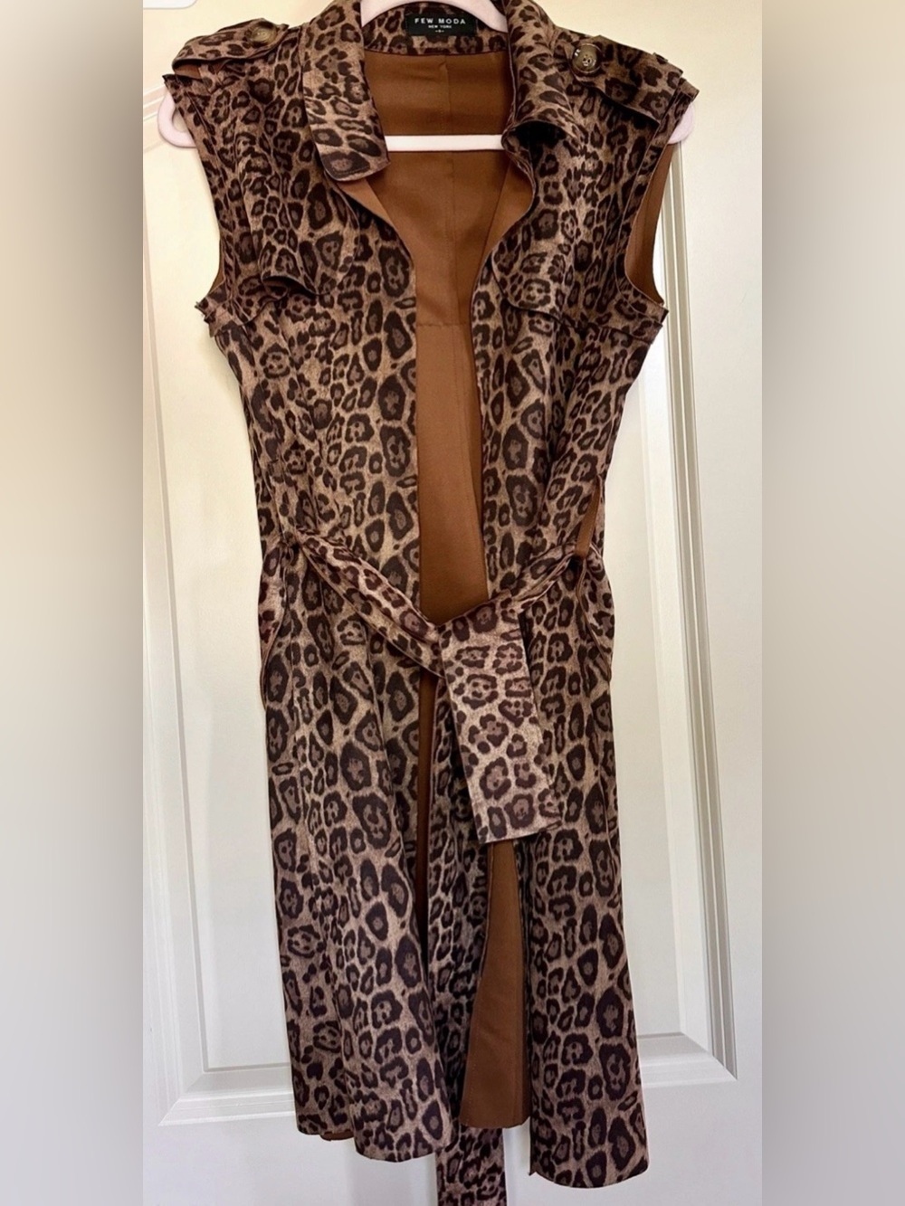 Leopard Print S Brown Sleeveless Open Cardigan Vest with Tie Belt & Pickets